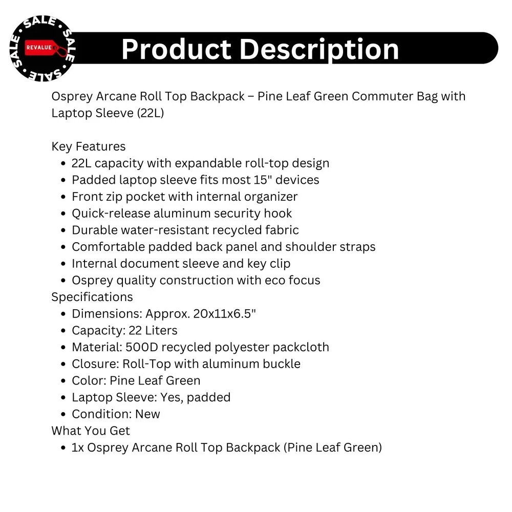 Osprey‎ Arcane Roll Top Commuter Bag – 22L Laptop Backpack in Pine Leaf Green